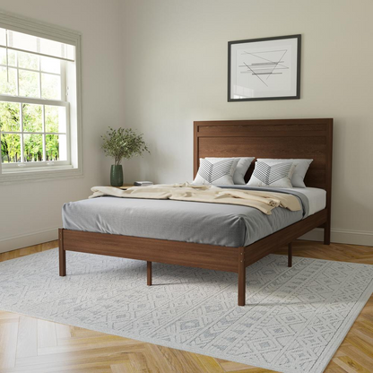 Modern full size wooden platform bed with headboard from Start2Finish, showcasing the sleek design and natural wood finish.