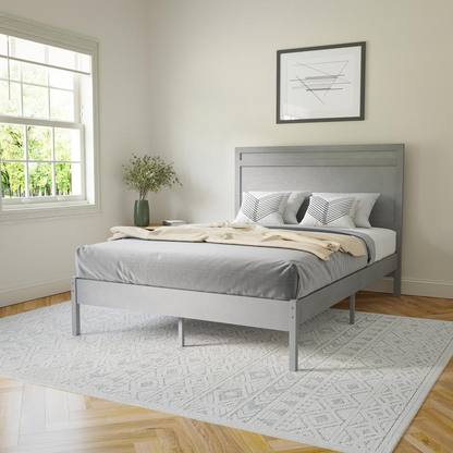 Modern king size wooden platform bed with headboard from Start2Finish, showcasing a sleek design and sturdy wooden construction.