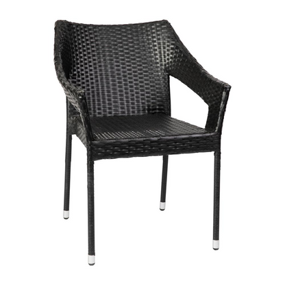 Stackable modern patio dining chair with armrests by Start2Finish, featuring a sleek design and sturdy construction for outdoor use.