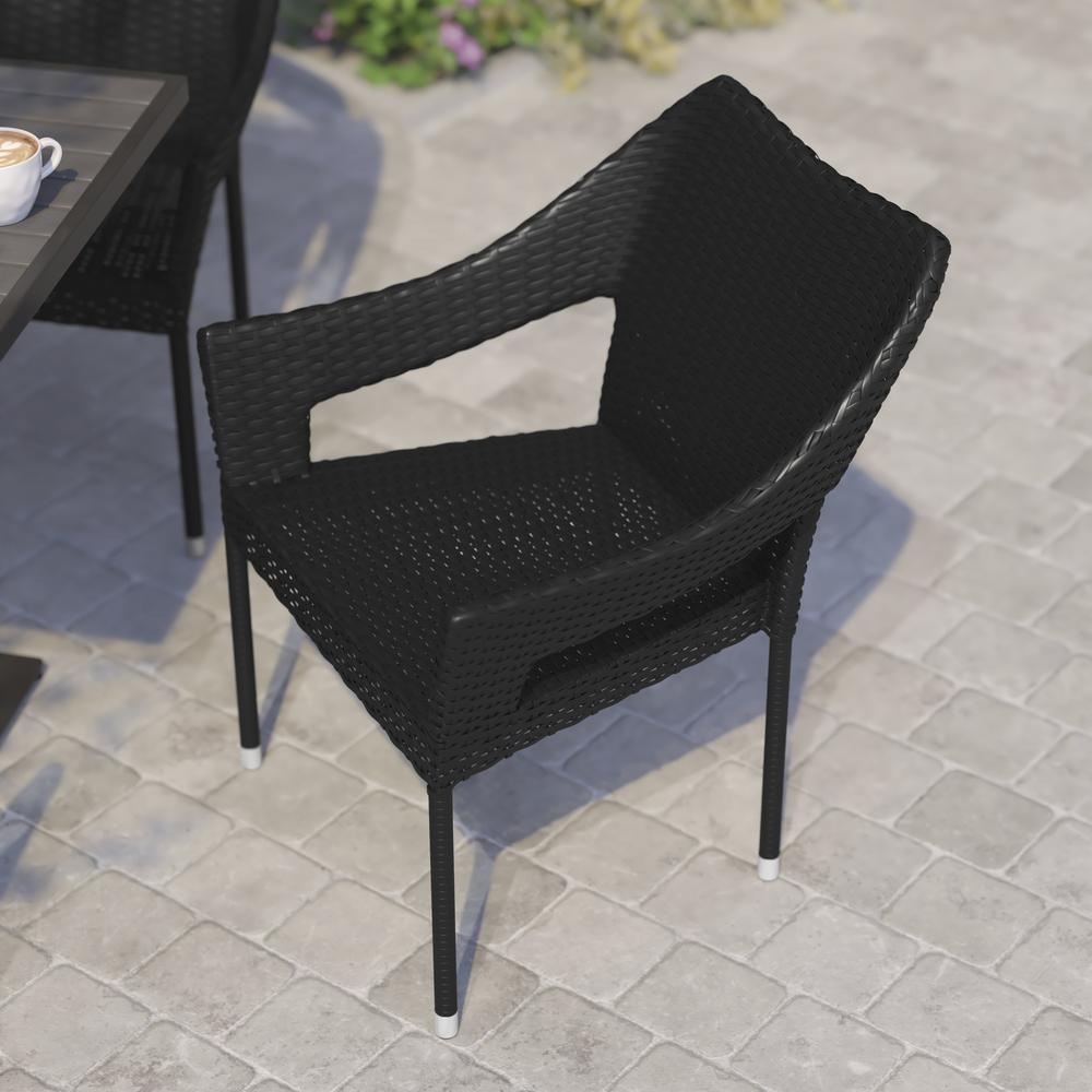 Modern stackable patio dining chair with arms by Start2Finish, featuring a sleek design and durable construction for outdoor seating.