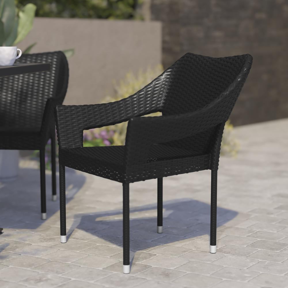 Modern stackable patio dining chair with arms by Start2Finish, featuring a sleek design and durable outdoor-friendly material.