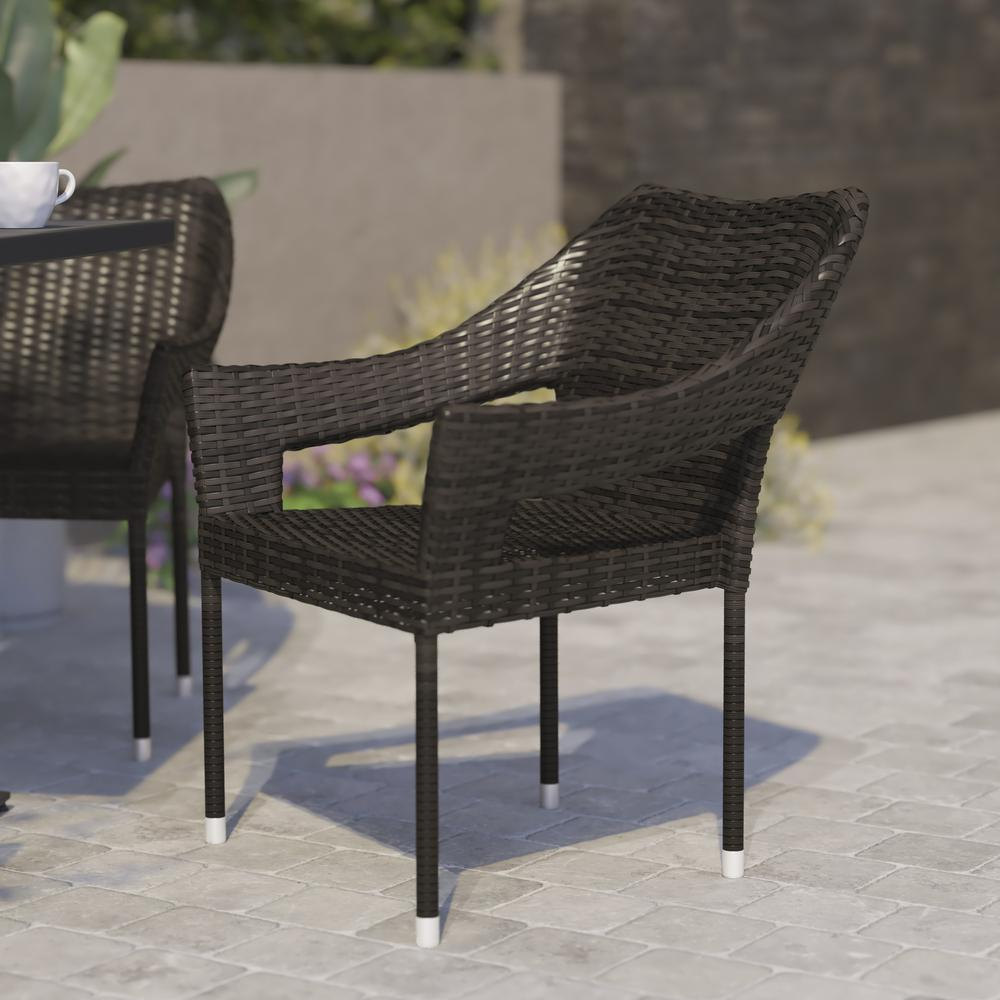 Modern stackable patio dining chair with arms by Start2Finish, featuring a sleek design and comfortable armrests.