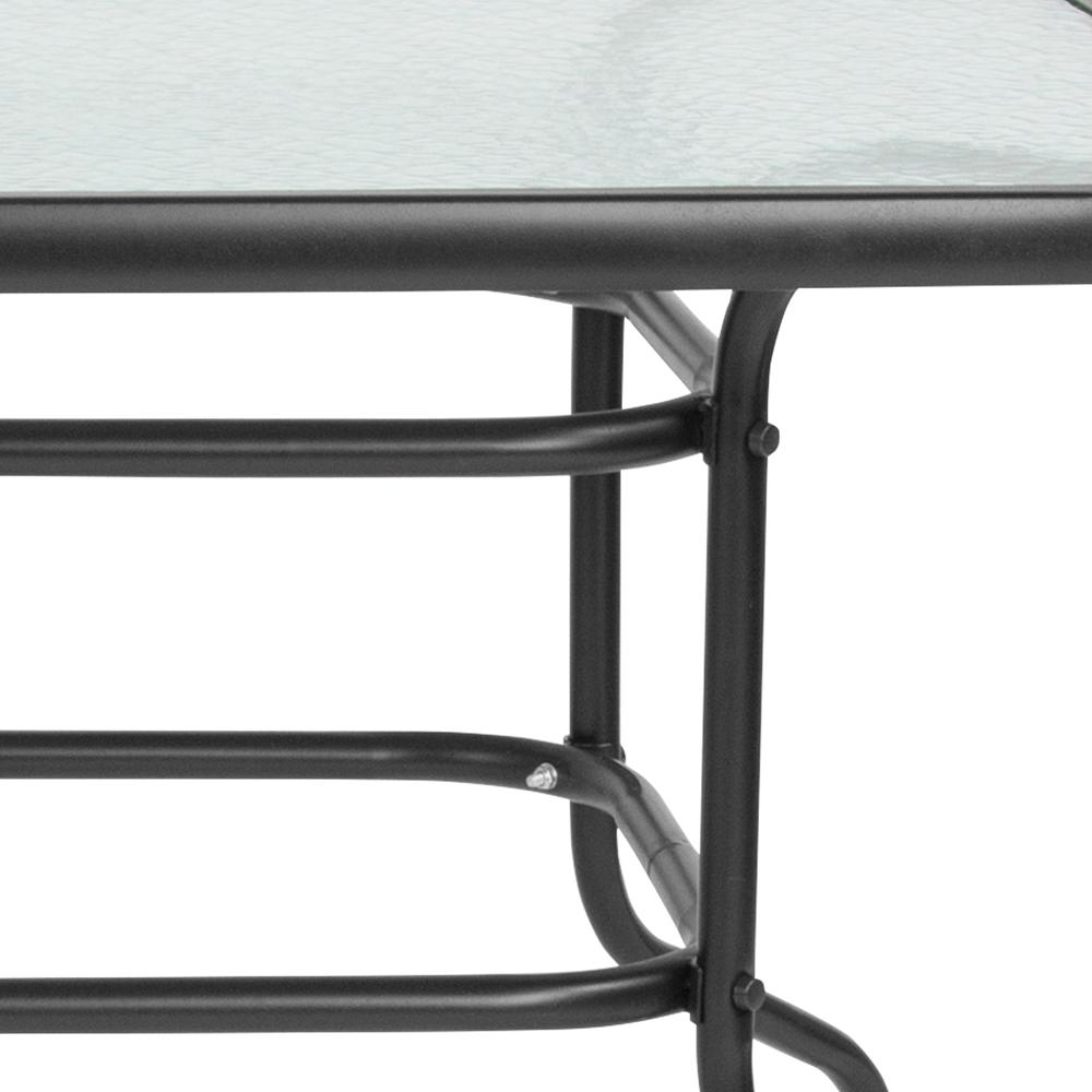 Rectangular glass patio table with seating for six, featuring a sturdy frame and modern design for outdoor dining.