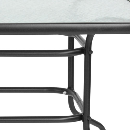 Rectangular glass patio table with seating for six, featuring a sturdy frame and modern design for outdoor dining.
