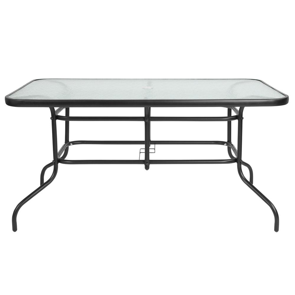 Rectangular glass patio table with seating for six, durable outdoor furniture by Start2Finish, shown with chairs and a backyard setting.