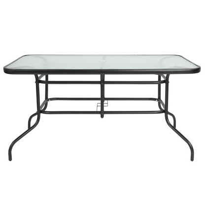 Rectangular glass patio table with seating for six, durable outdoor furniture by Start2Finish, shown with chairs and a backyard setting.