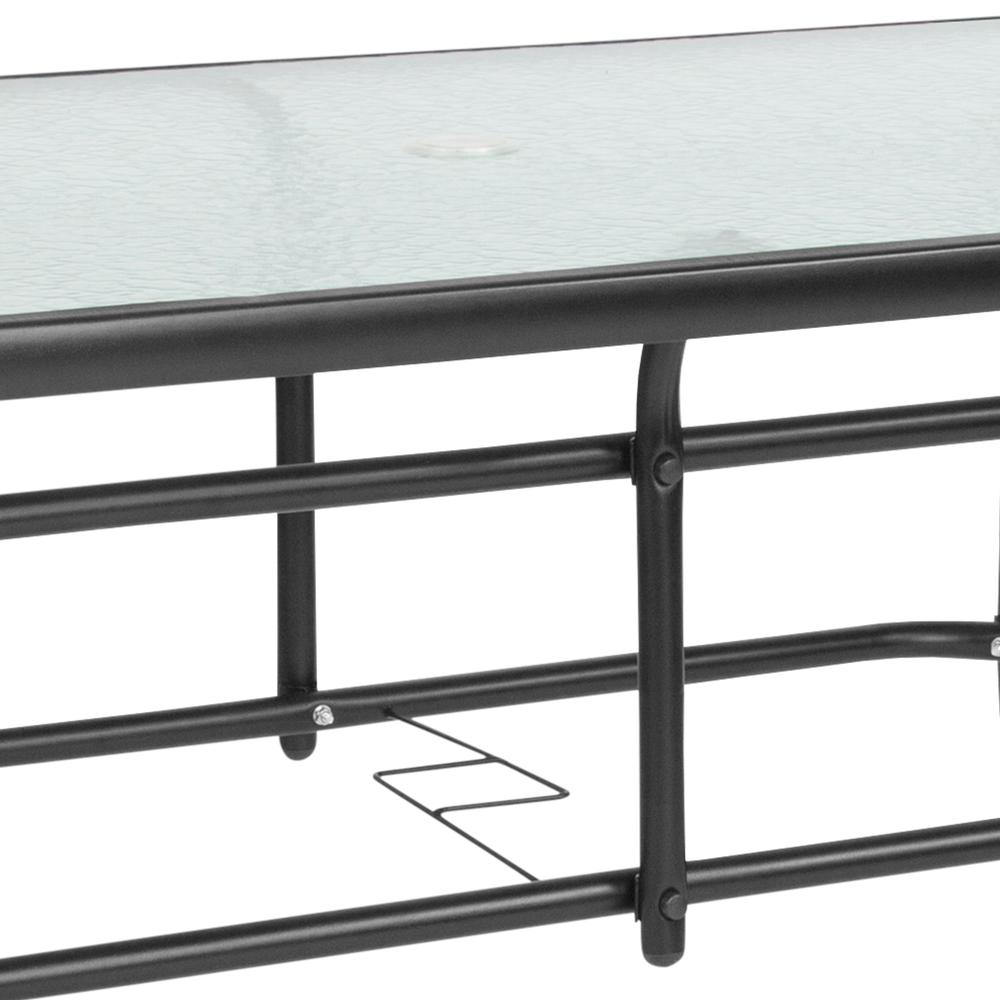 Rectangular glass patio table with seating for six, sturdy outdoor furniture by Start2Finish, ideal for garden or patio gatherings.