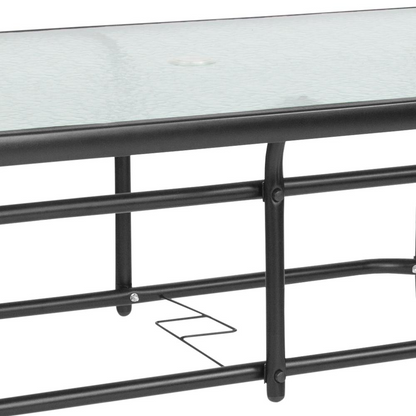 Rectangular glass patio table with seating for six, sturdy outdoor furniture by Start2Finish, ideal for garden or patio gatherings.