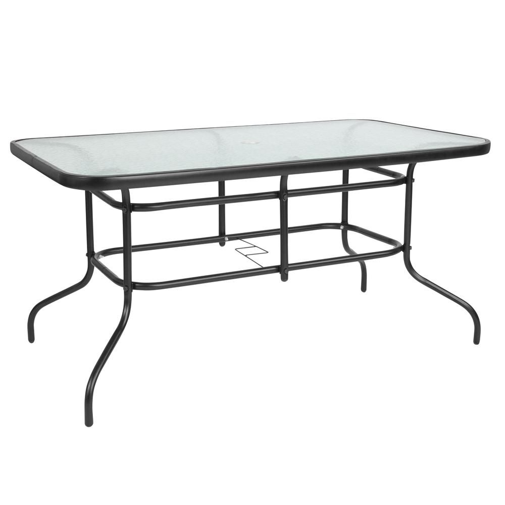 Rectangular glass patio table with seating for six, featuring a modern design by Start2Finish, shown with matching chairs outdoors.