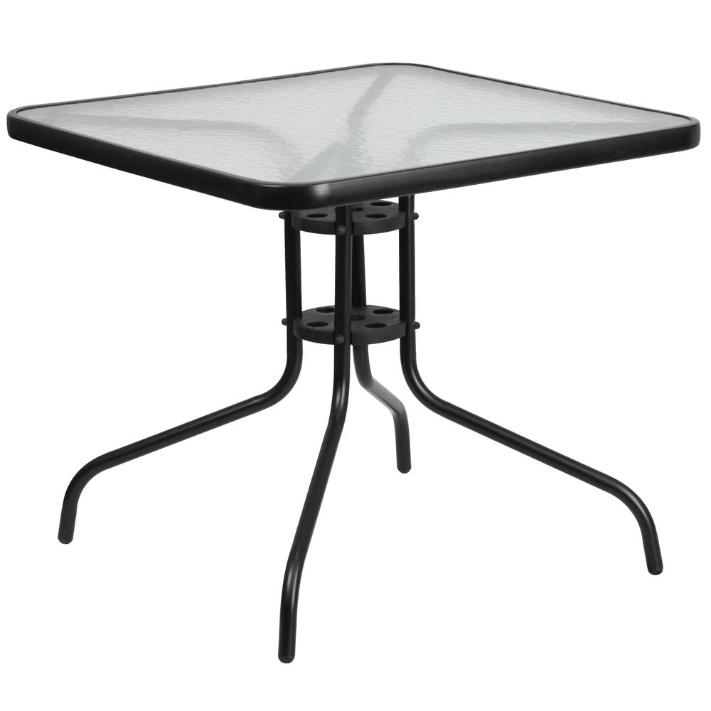 Square Start2Finish patio table for restaurants, banquet halls, and dining rooms, featuring a sturdy wooden surface and metal frame.