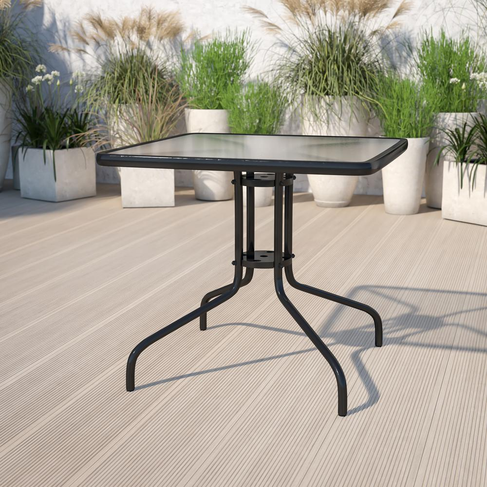 Square patio table from Start2Finish, ideal for restaurants, banquet halls, and dining rooms, with a sturdy wooden surface and metal legs.