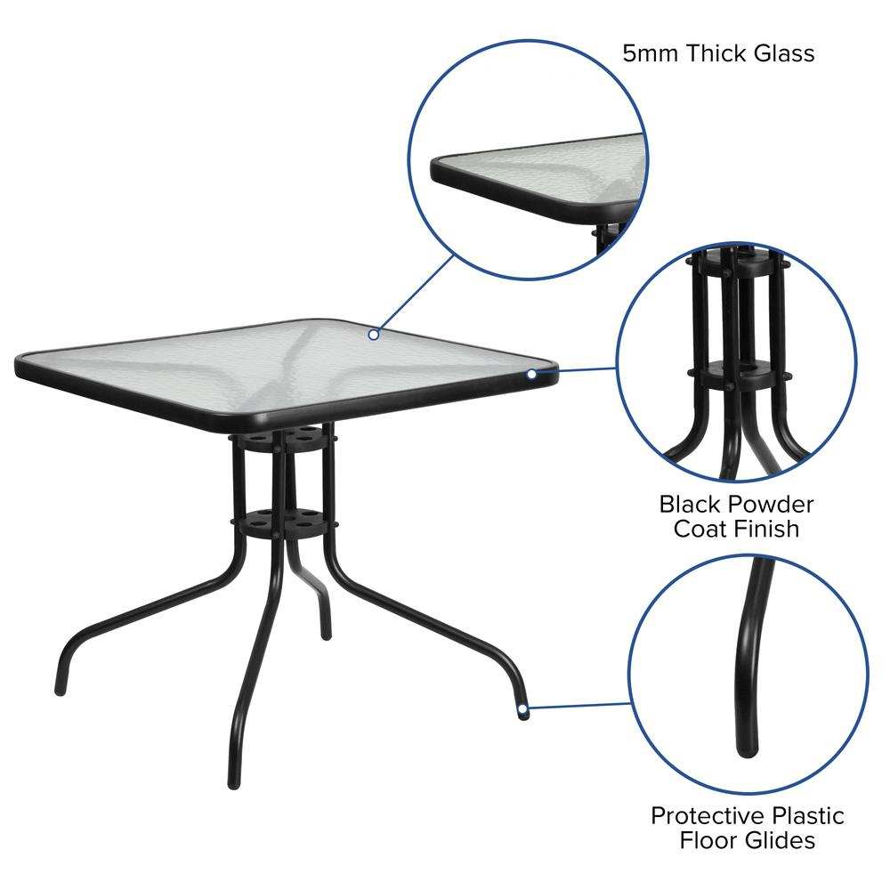 Square Start2Finish patio table for restaurants and banquet halls, showing a sturdy wooden surface with metal legs.