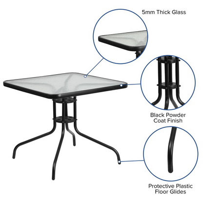 Square Start2Finish patio table for restaurants and banquet halls, showing a sturdy wooden surface with metal legs.