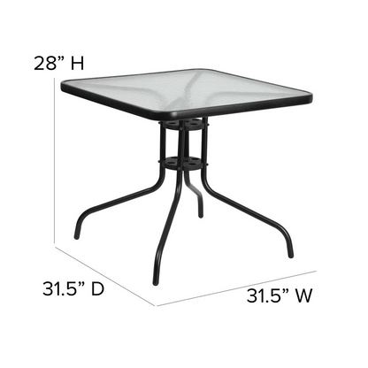 Square Start2Finish patio table with a wooden top and metal legs, suitable for outdoor dining and banquet hall settings.