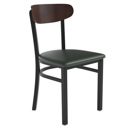 Start2Finish commercial dining chair with vinyl upholstered seat and wood boomerang back for restaurant seating.