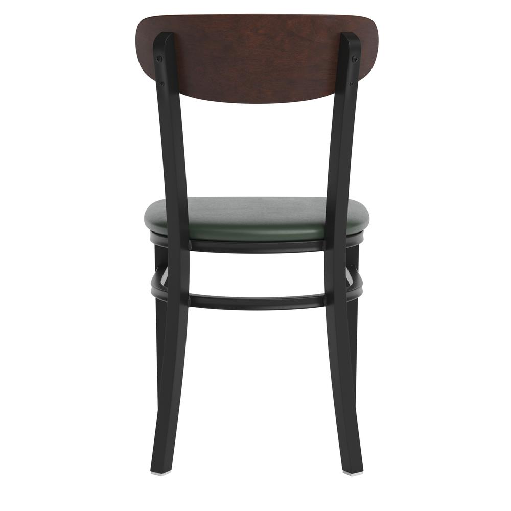 Start2Finish commercial dining chair with vinyl upholstered seat and wood boomerang back for restaurant or cafe seating.