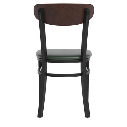 Start2Finish commercial dining chair with vinyl upholstered seat and wood boomerang back for restaurant or cafe seating.