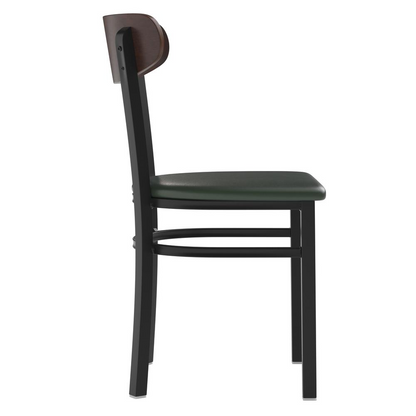 Start2Finish commercial dining chair with vinyl upholstered seat and wood boomerang back for restaurant or cafe settings.