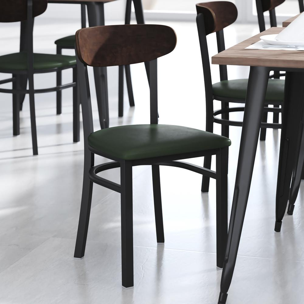 Start2Finish commercial dining chair with vinyl upholstered seat and wooden boomerang-shaped back, designed for restaurant seating.