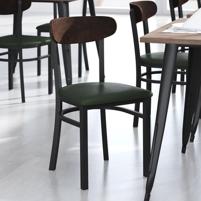 Start2Finish commercial dining chair with vinyl upholstered seat and wooden boomerang-shaped back, designed for restaurant seating.