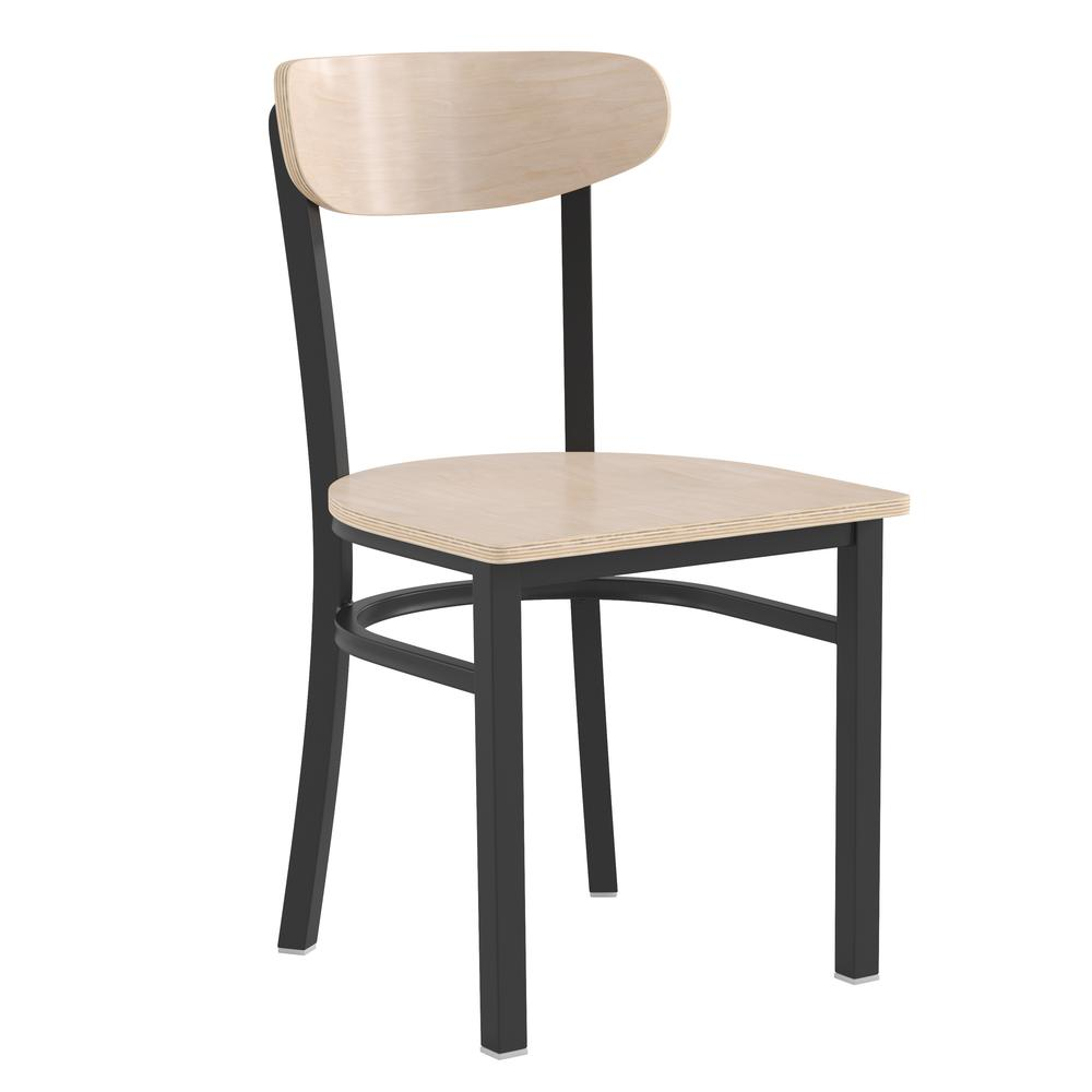 Start2Finish commercial dining chair with vinyl upholstered seat and wood boomerang back for restaurant or cafe seating.