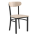 Start2Finish commercial dining chair with vinyl upholstered seat and wood boomerang back for restaurant or cafe seating.