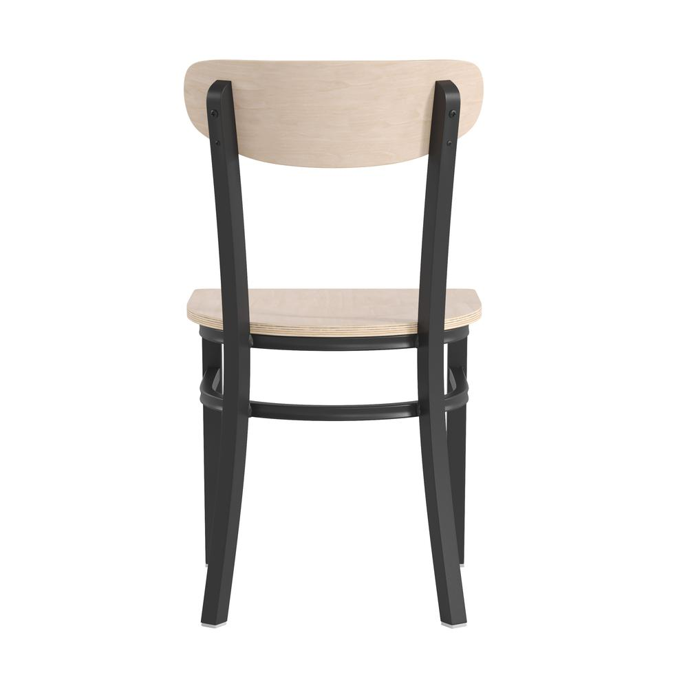 Start2Finish commercial dining chair with vinyl upholstered seat and wood boomerang back for restaurant or cafe seating.
