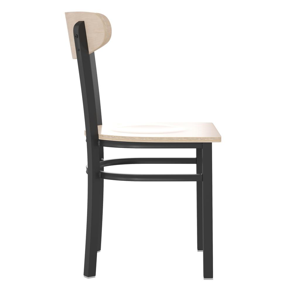 Start2Finish commercial dining chair with vinyl upholstered seat and wood boomerang back for restaurant or cafe seating.