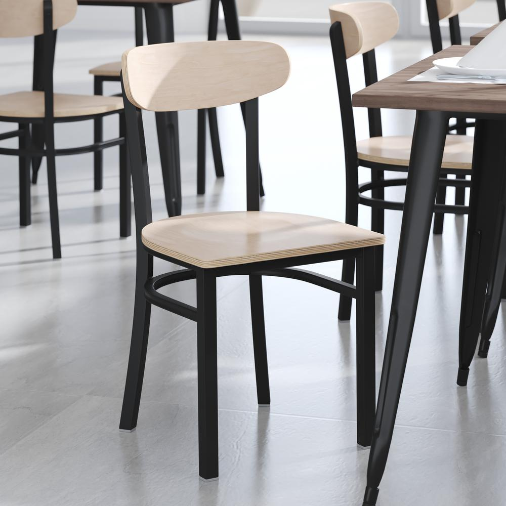 Start2Finish commercial dining chair with vinyl upholstered seat and wood boomerang back for restaurant or cafe seating.
