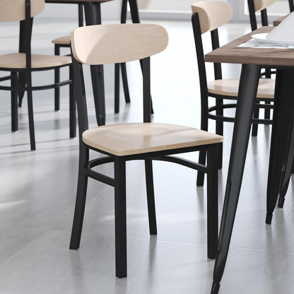 Start2Finish commercial dining chair with vinyl upholstered seat and wood boomerang back for restaurant or cafe seating.