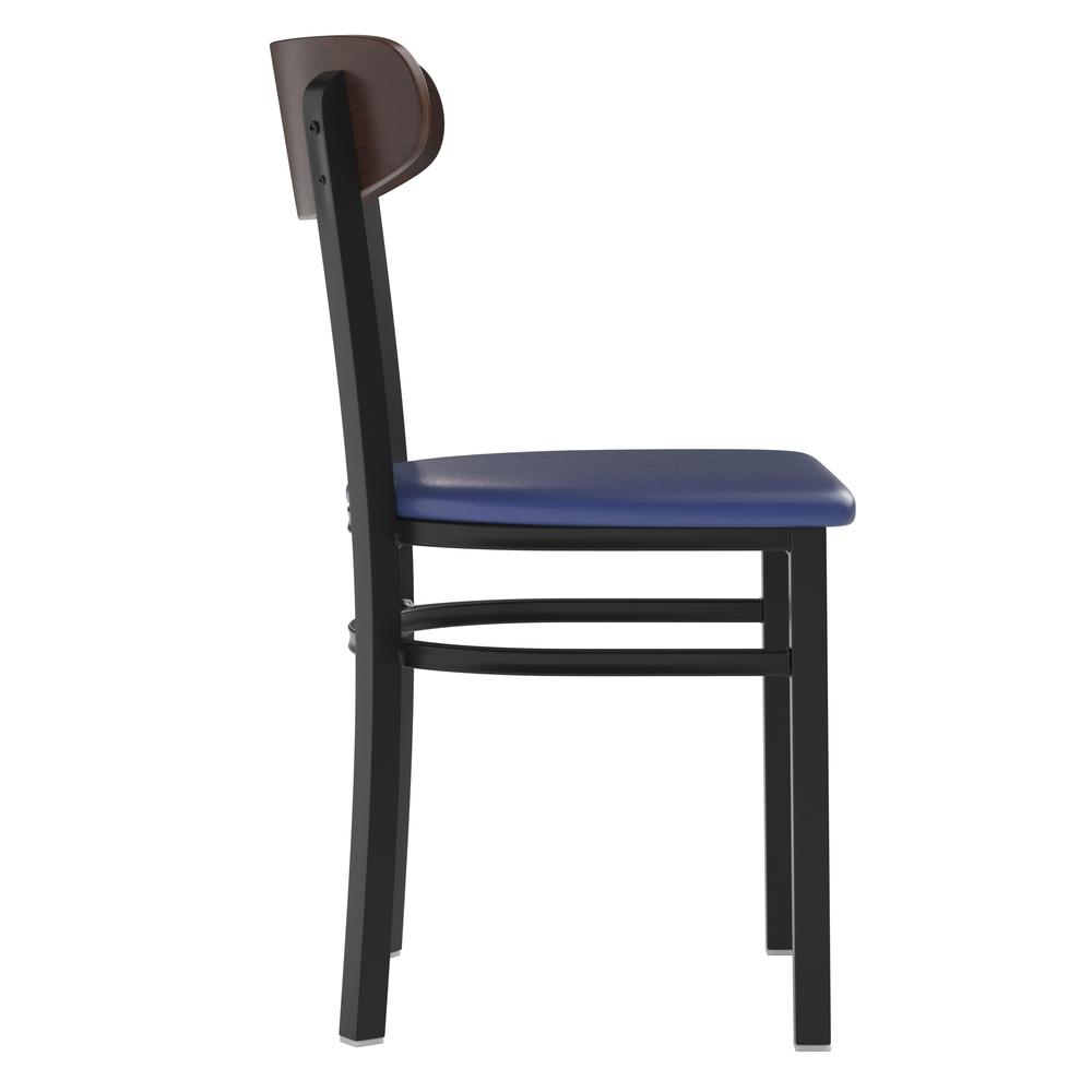 Commercial dining chair with vinyl upholstered seat and wood boomerang back, designed for restaurant or cafe furniture.