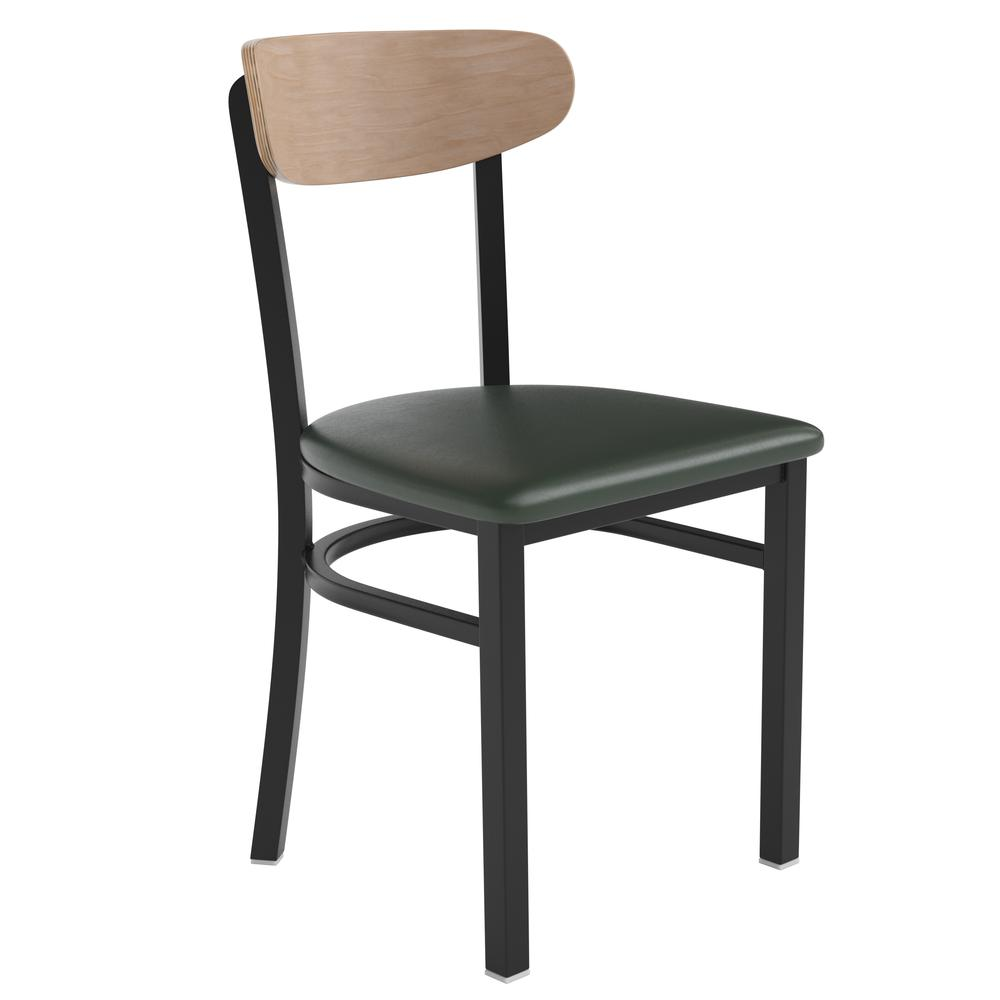 Start2Finish commercial dining chair with vinyl upholstered seat and wood boomerang back for restaurant or cafe seating.