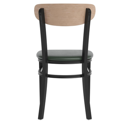Start2Finish commercial dining chair with vinyl upholstered seat and wood boomerang back for restaurant or café seating.