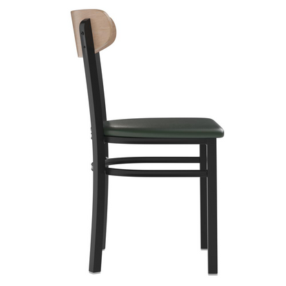 Start2Finish commercial dining chair with vinyl upholstered seat and wood boomerang back for restaurant seating.