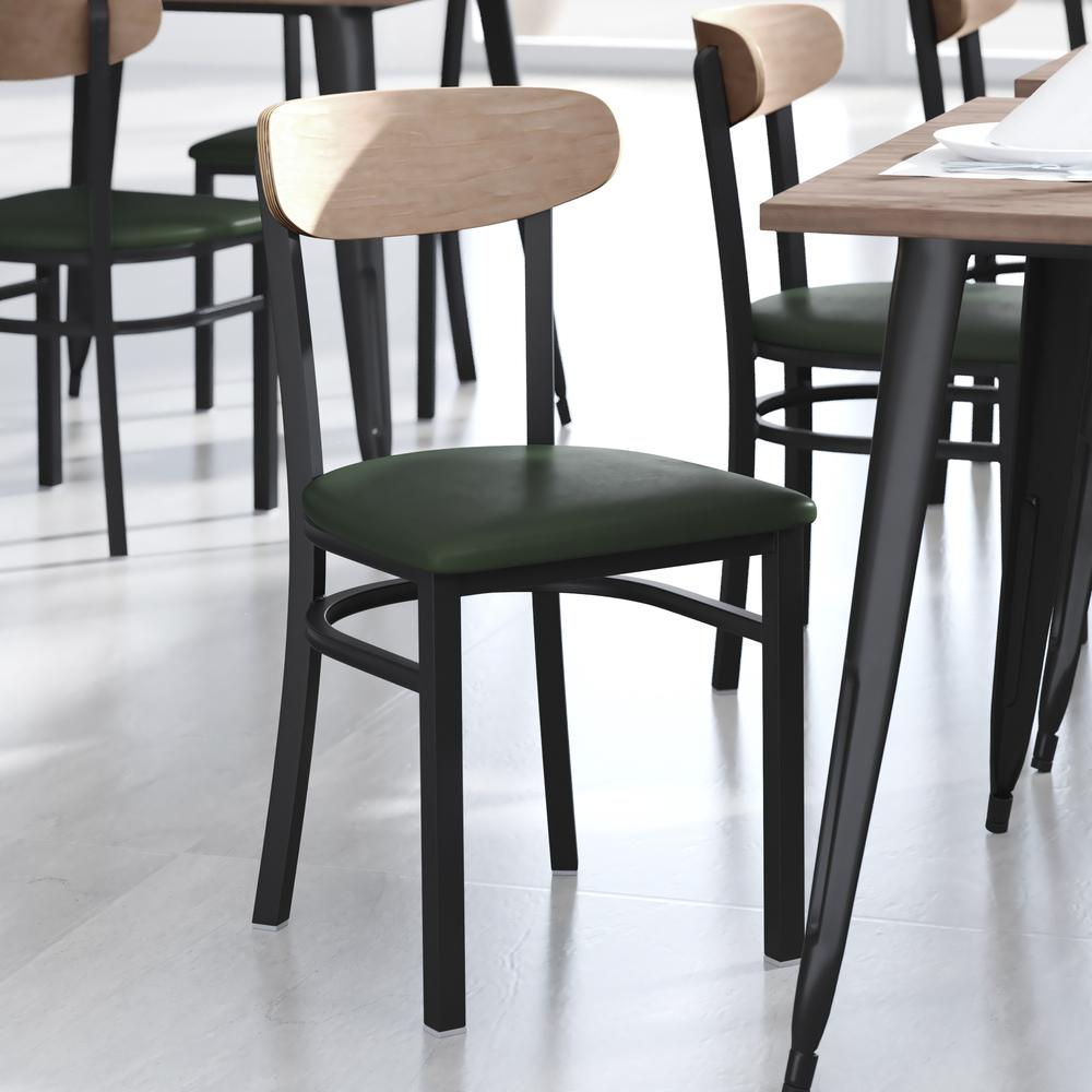 Start2Finish commercial dining chair with vinyl upholstered seat and wood boomerang back, showcasing modern restaurant seating.