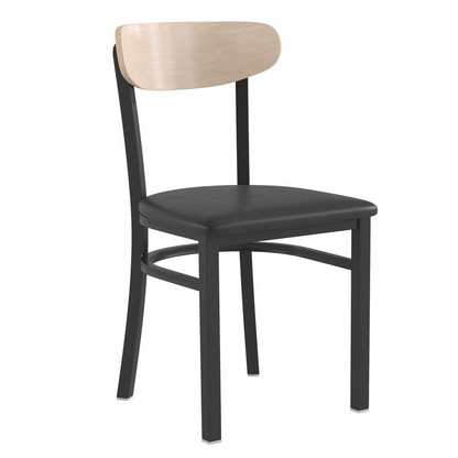 Commercial grade dining chair with solid wood back and seat, sturdy and stylish for restaurant or dining room use.