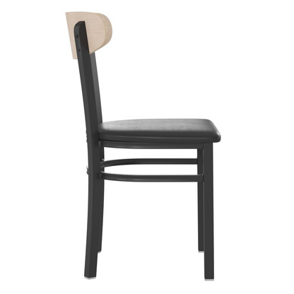 Commercial grade dining chair by Start2Finish with solid wood back and seat, showcasing sturdy construction and natural wood finish.