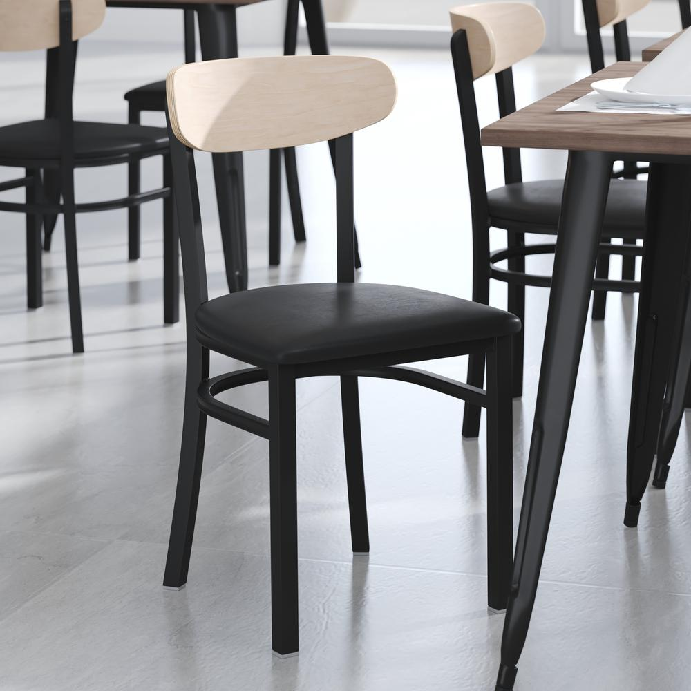 Commercial grade dining chair by Start2Finish with solid wood back and seat, showcasing sturdy construction and natural wood finish.