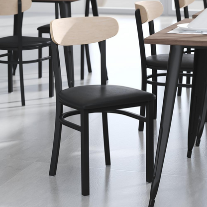 Commercial grade dining chair by Start2Finish with solid wood back and seat, showcasing sturdy construction and natural wood finish.