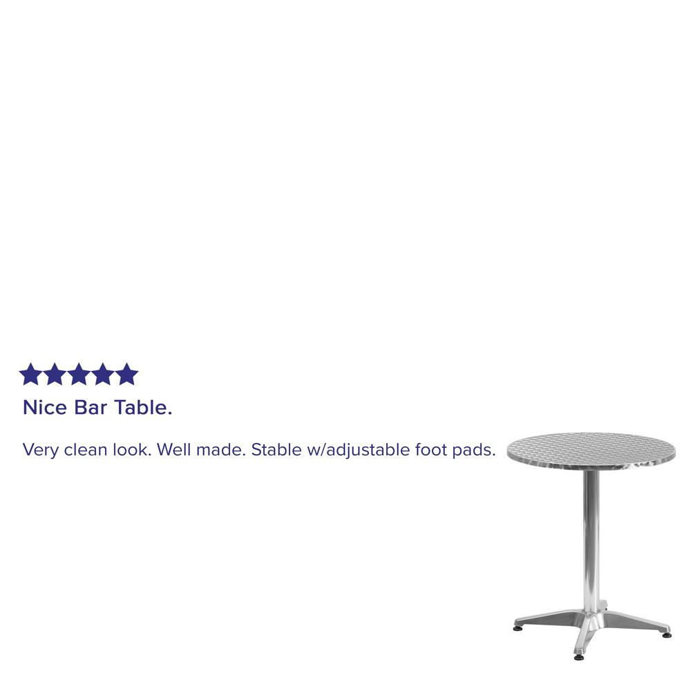 Round Start2Finish patio table for restaurants, banquet halls, and dining rooms, showing a wooden tabletop with metal legs.