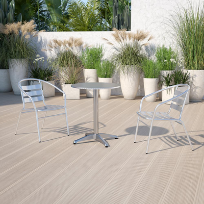 Start2Finish round patio table for restaurants, banquet halls, and dining rooms, showcasing sturdy outdoor furniture design