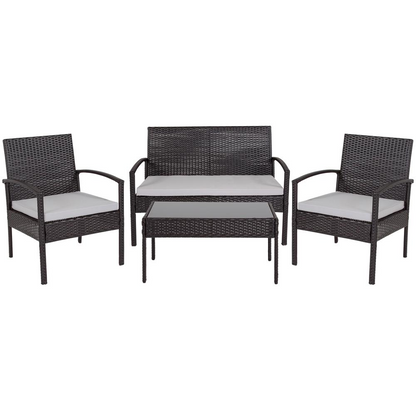 Contemporary outdoor seating set by Start2Finish with cushioned chairs and a matching table for patio or garden use.