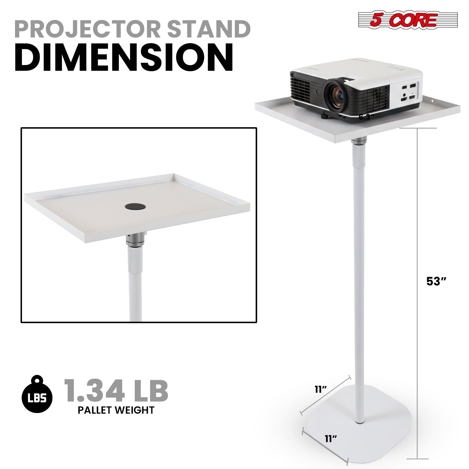 Start2Finish 5 Core projector stand with adjustable height up to 53 inches, suitable for home, office, and studio projector support.