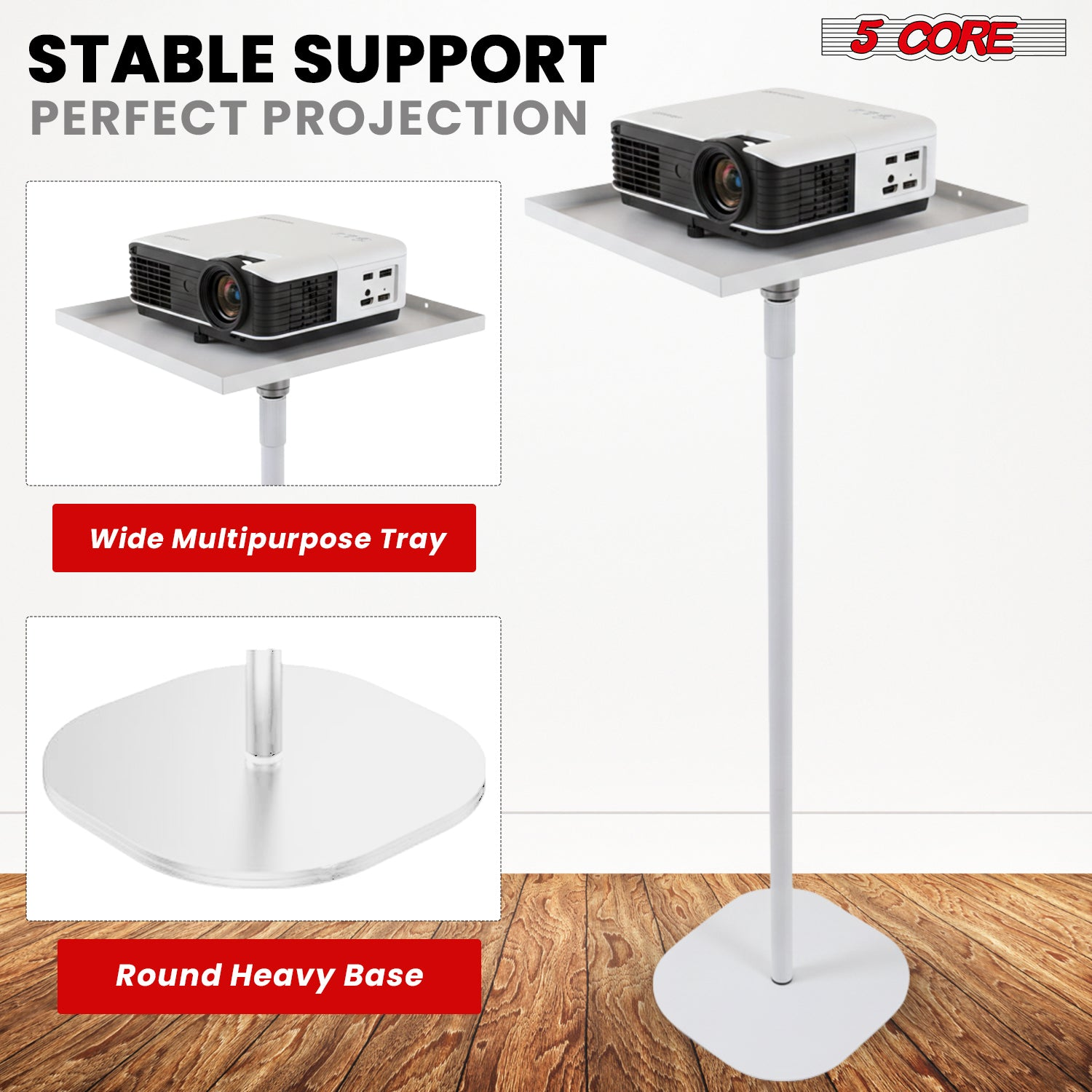 Adjustable 53-inch Start2Finish projector stand with 5 core support, suitable for home, office, and studio use.