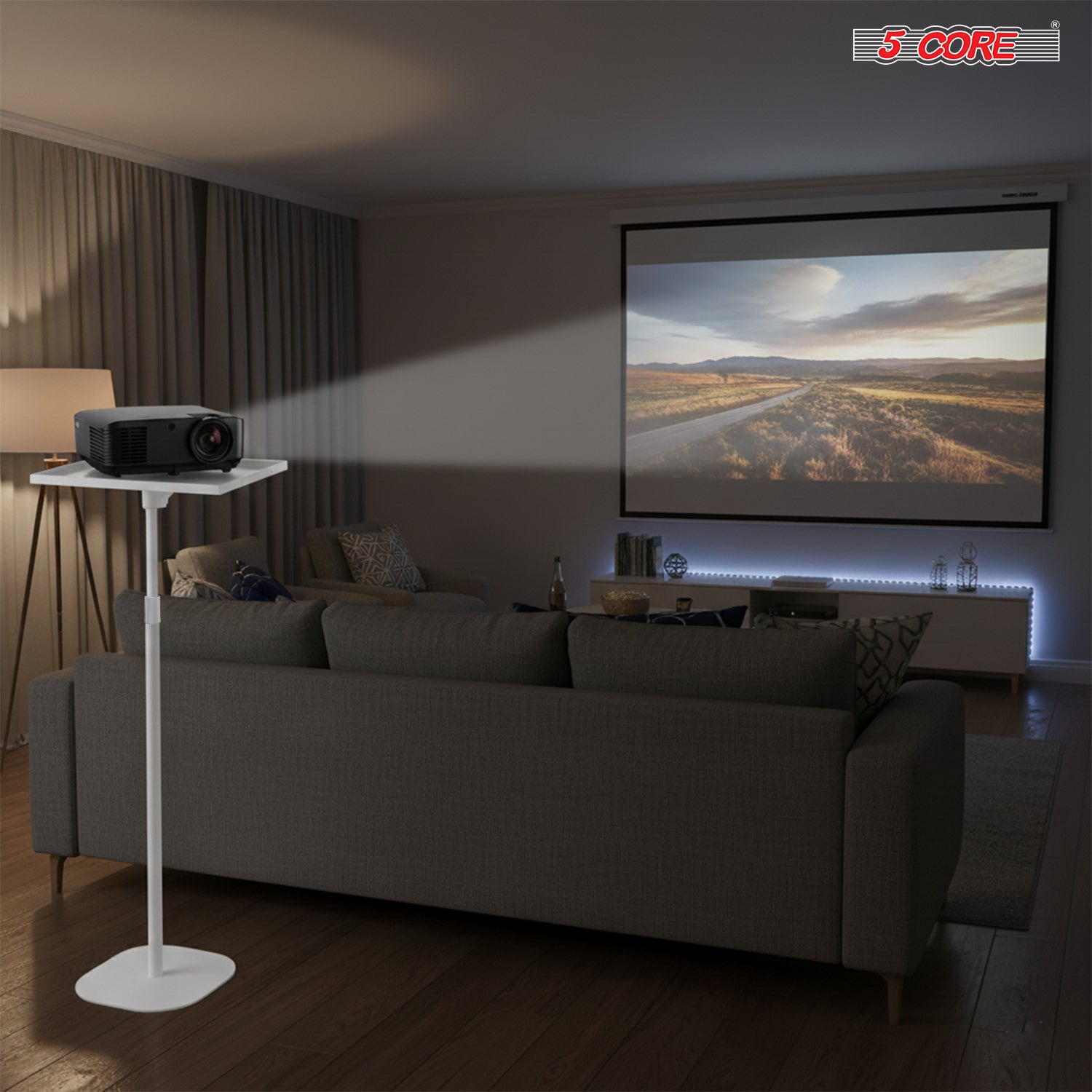 Start2Finish 5 Core projector stand, adjustable 53-inch floor mount with support for home, office, and studio projectors.