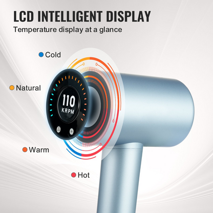 Start2Finish VEVOR high-speed hair dryer with brushless motor, LCD display, diffuser, and nozzle for home and travel use.