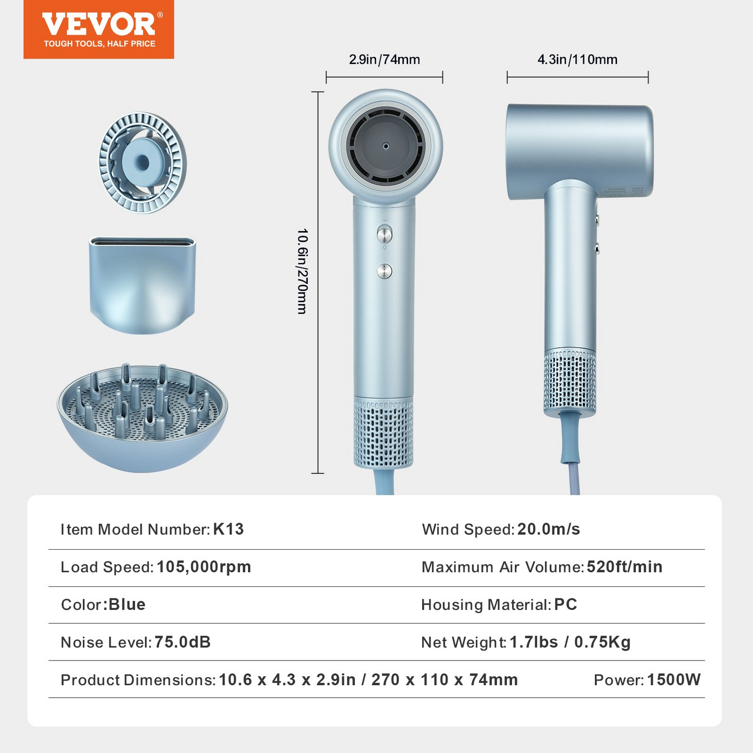 Start2Finish VEVOR high-speed hair dryer with brushless motor, LCD display, diffuser, nozzle, 4 temps, 3 speeds for home or travel.