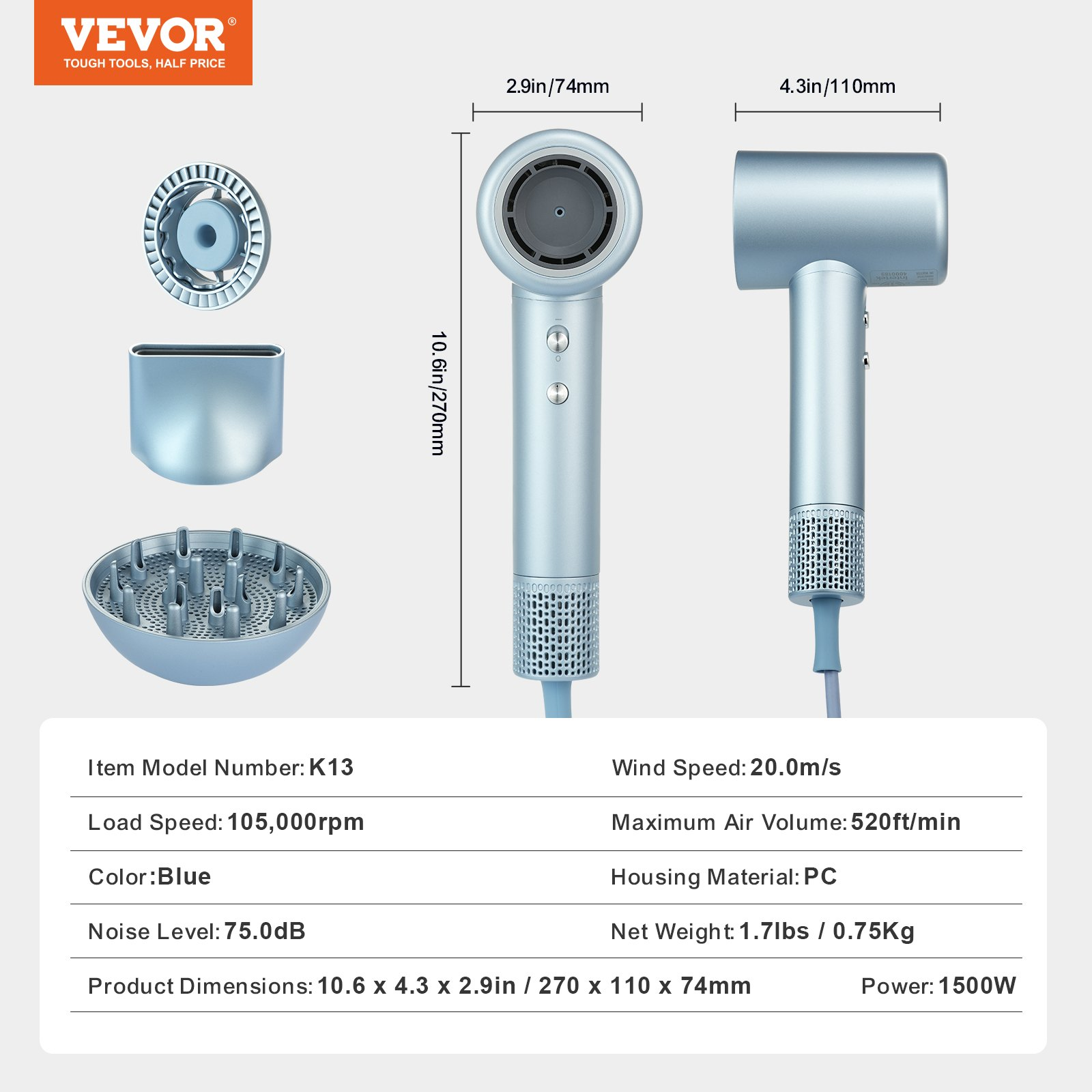 Start2Finish VEVOR high-speed hair dryer with brushless motor, LCD display, diffuser, nozzle, 4 temps, 3 speeds for home or travel.