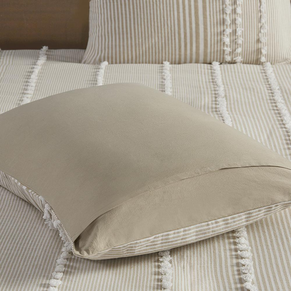 Start2Finish 3-piece cotton yarn dyed duvet cover set with a detailed patterned fabric in neutral tones.
