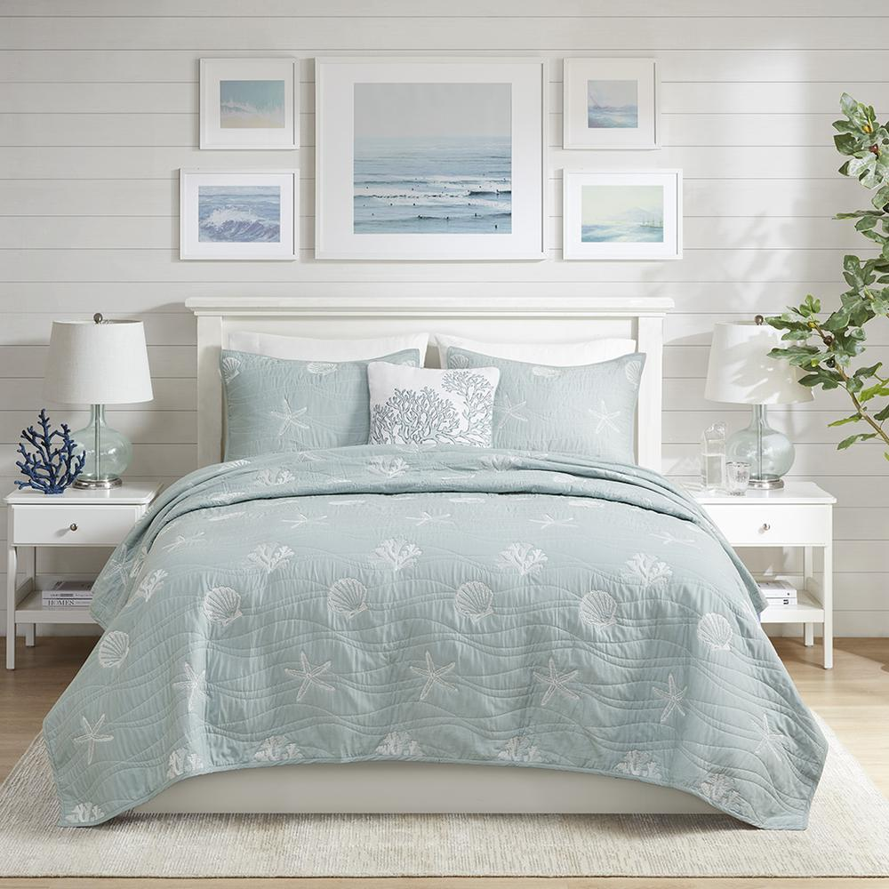 Start2Finish 4-piece cotton reversible embroidered quilt bedding set with matching throw pillow, showcasing intricate embroidery and vibrant colors.